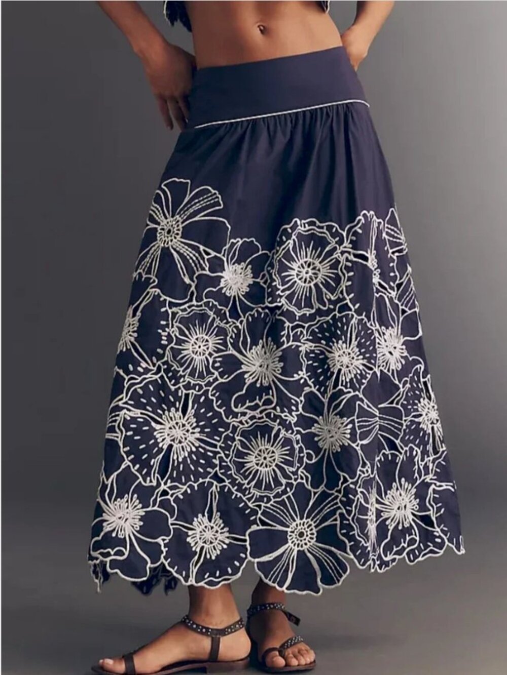 Farm Rio Navy Blue Midi Cotton Embroidered Skirt size L